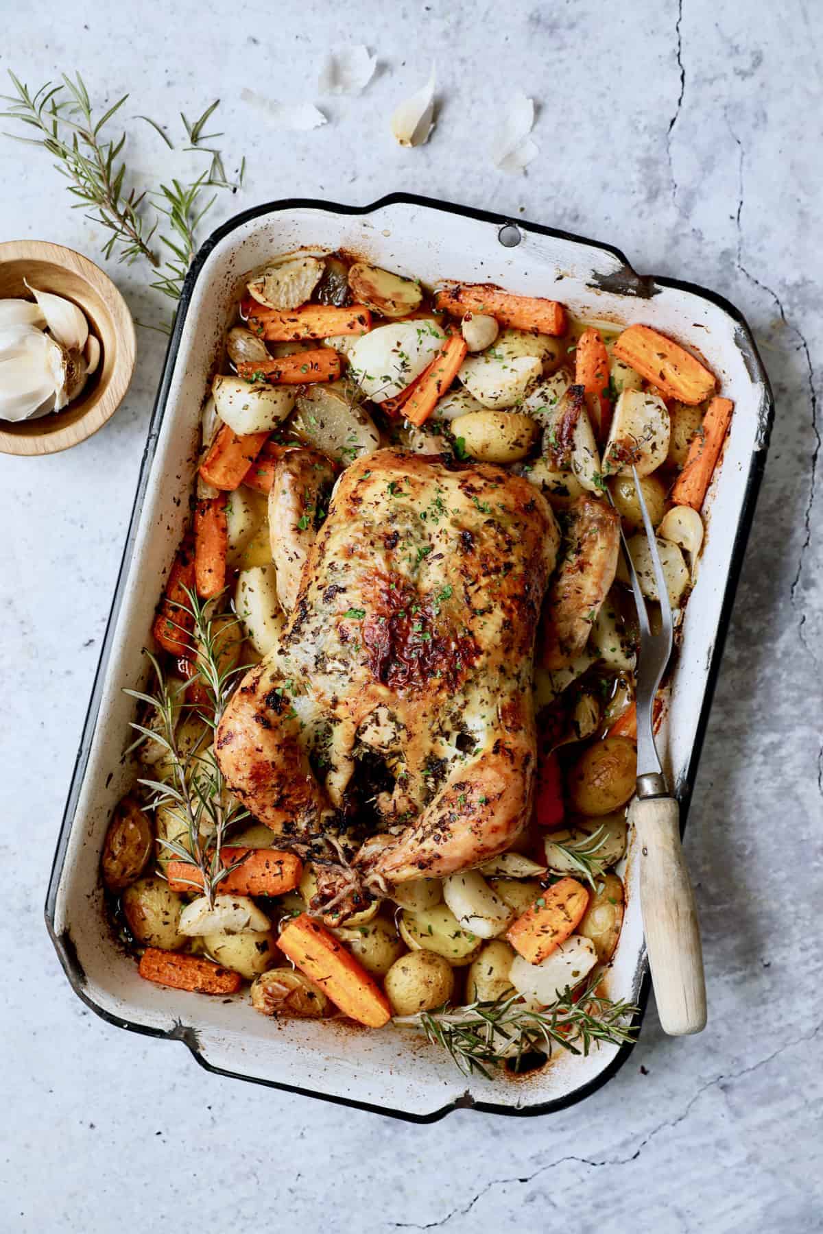 Garlic Herb Butter Roast Chicken with Lemony Root Vegetables