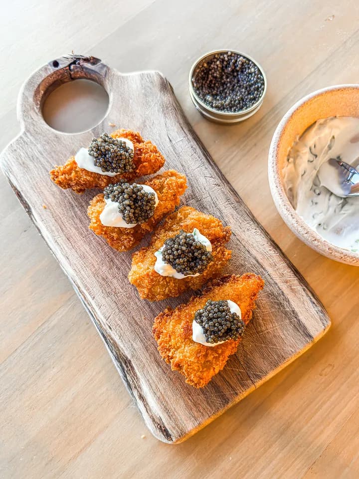 Chicken Katsu with Caviar: Crisp Panko and Cool Crème Fraîche