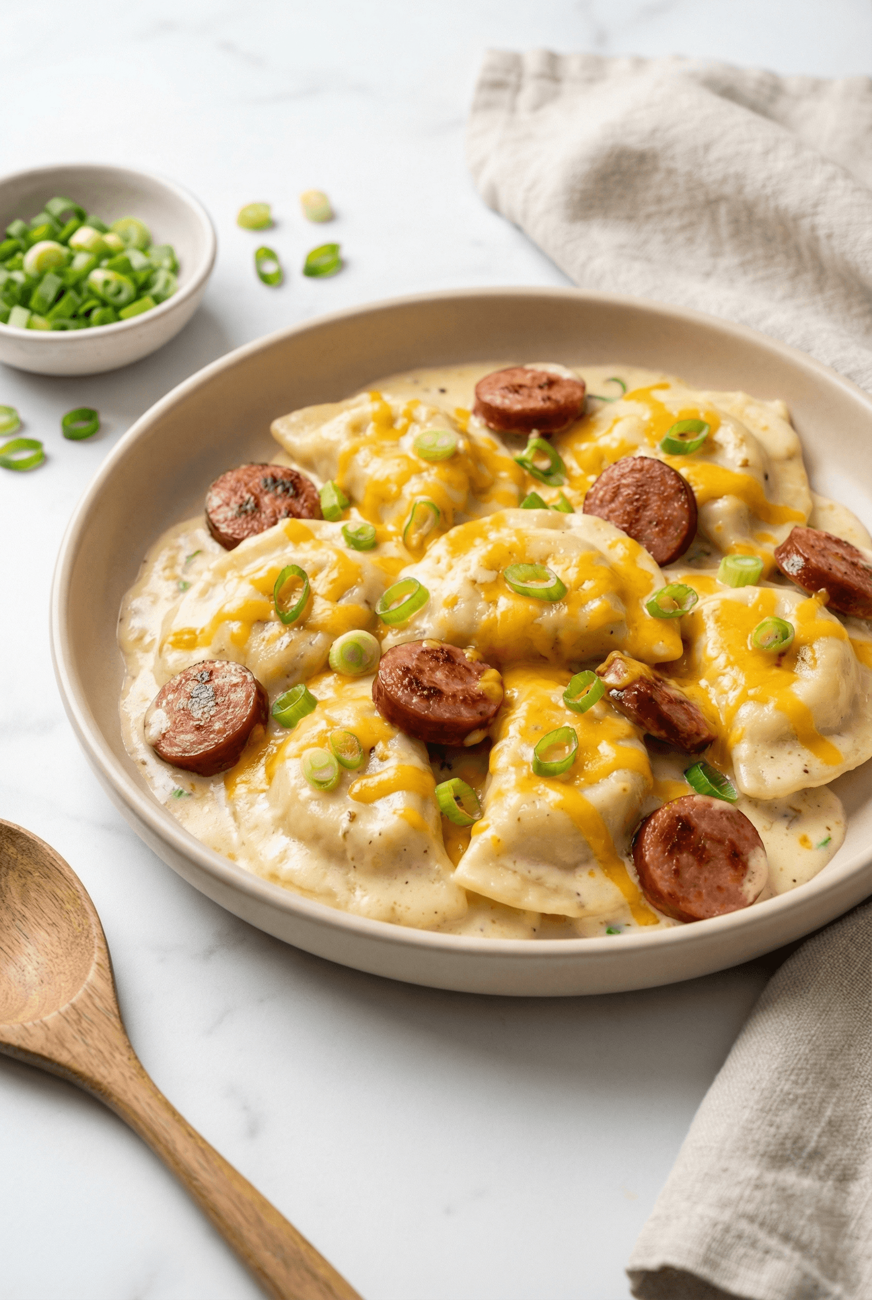 Crockpot Pierogi Casserole with Kielbasa and Creamy Cheddar