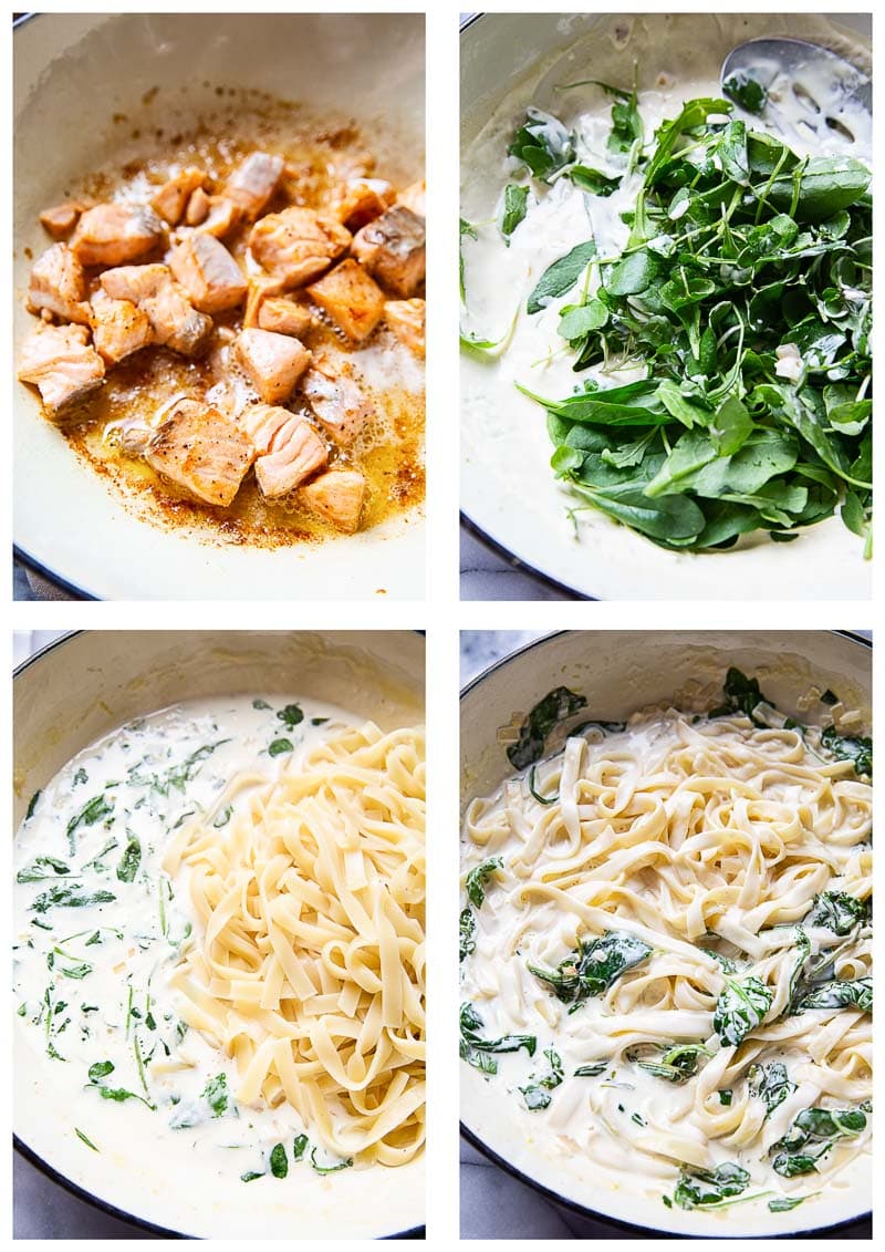 Creamy Salmon Pasta with Mixed Greens and White Wine Cream Sauce