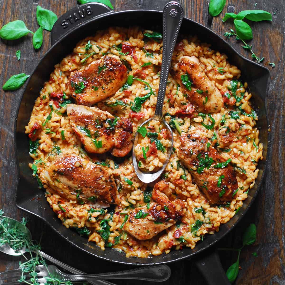 Chicken Risotto with Sun-Dried Tomatoes, Spinach, and Parmesan