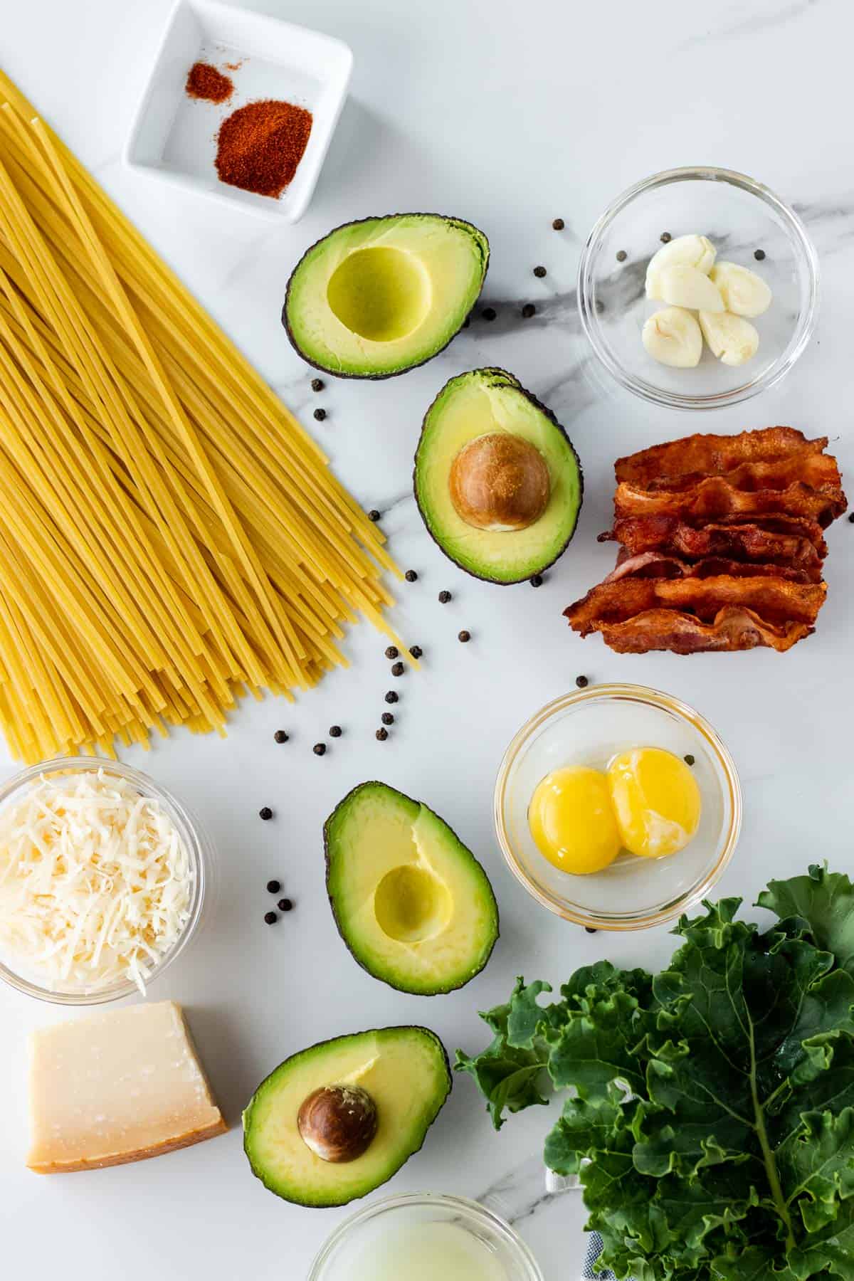 Avocado Carbonara with Creamy Kale Sauce, Bacon, and Parmesan
