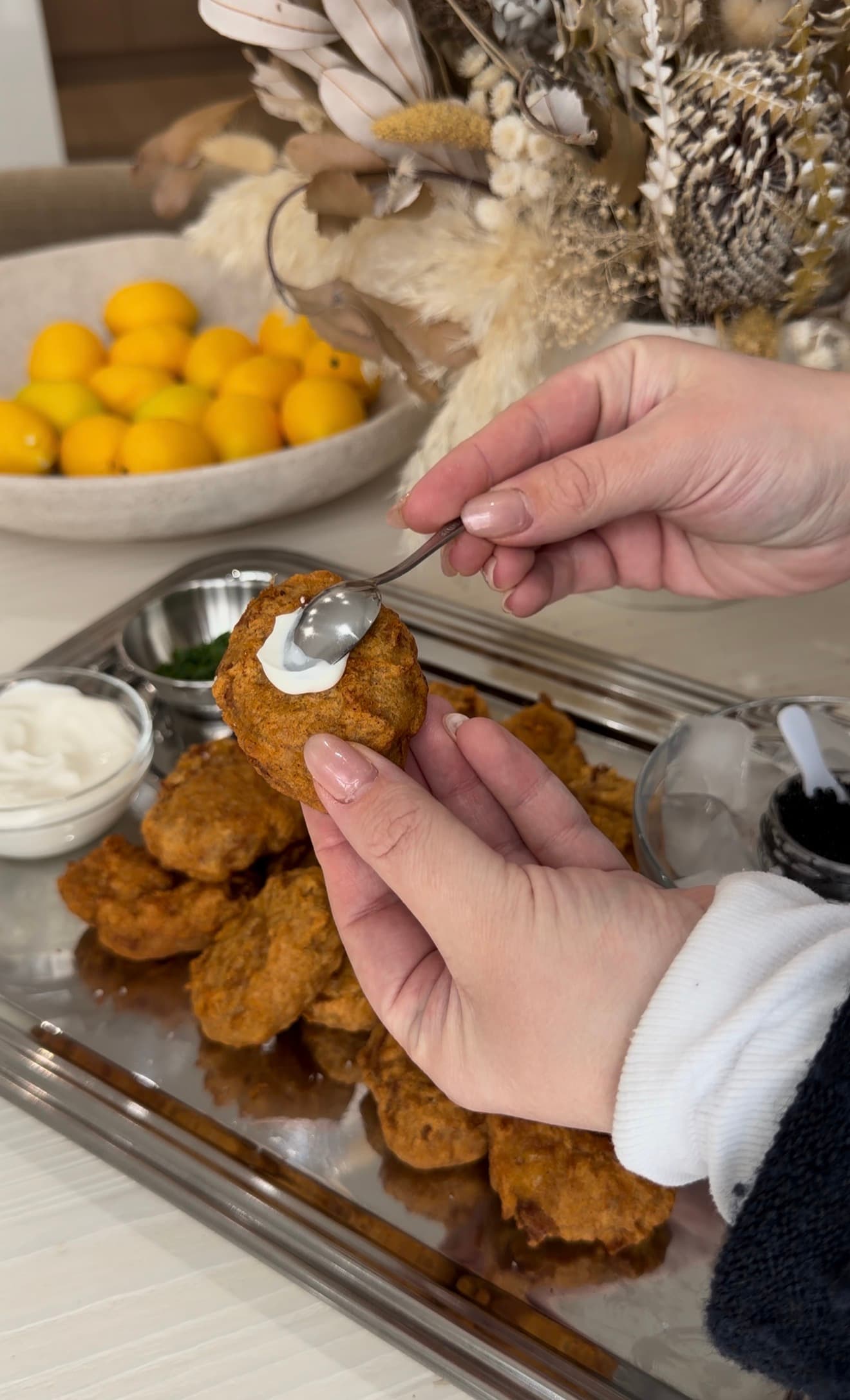 Crispy Chicken Nuggets with Crème Fraîche and Briny Caviar