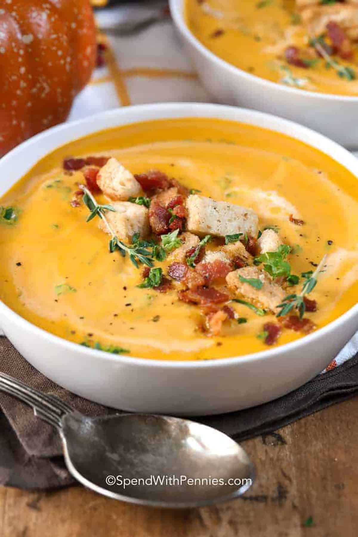 Creamy Pumpkin Soup With Smoky Bacon and Crunchy Croutons