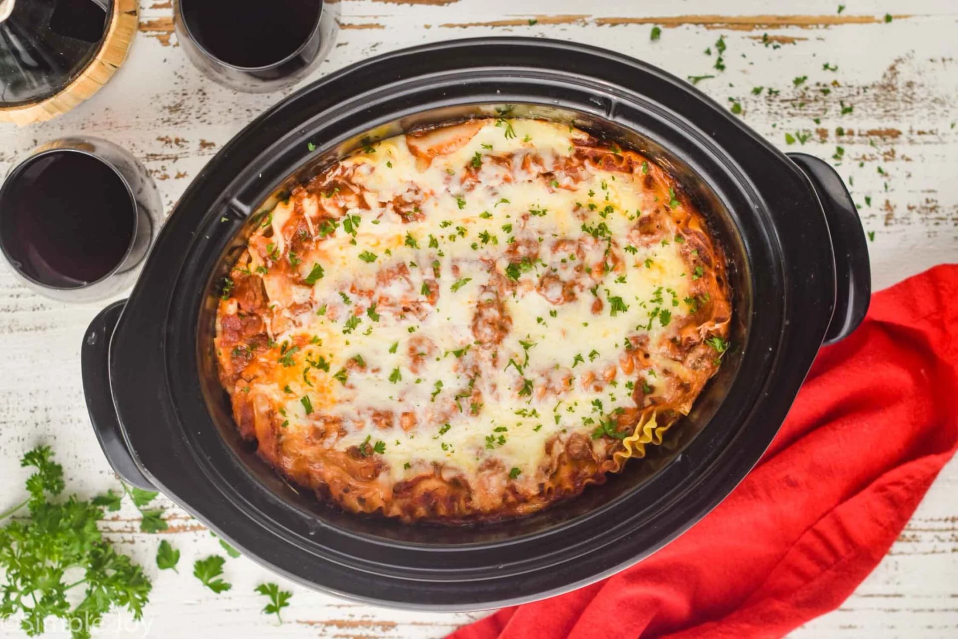 Crockpot Lasagna with Homemade Meat Sauce and Three Cheeses