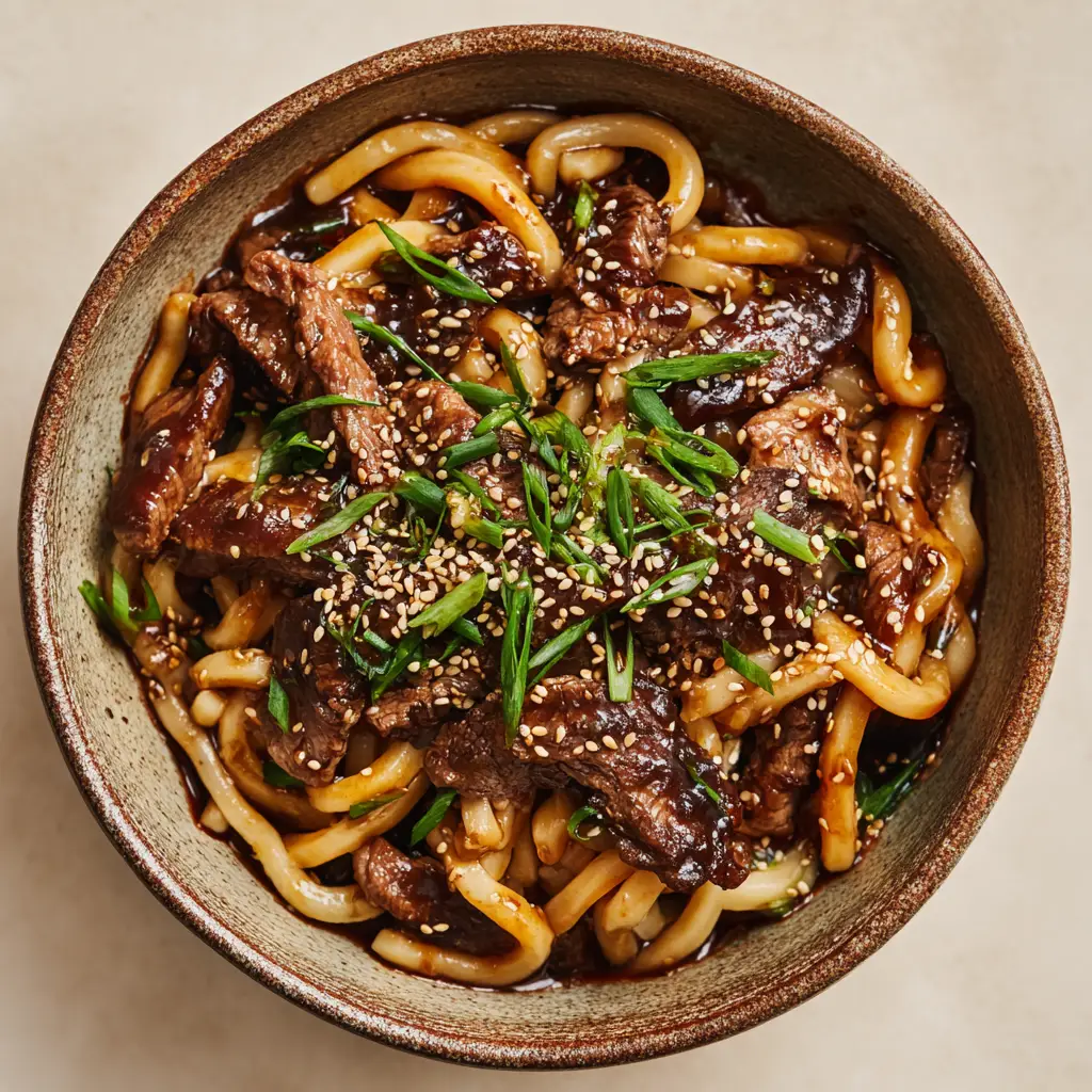 Sticky Beef Noodles with Udon and Glossy Soy Sauce
