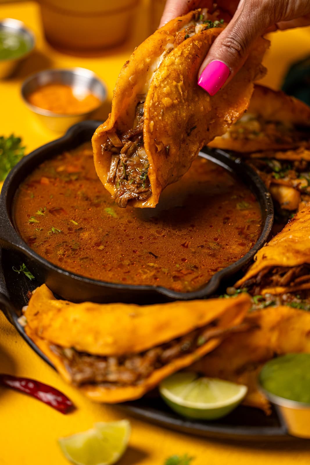 Beef Birria Tacos with Oaxaca Cheese and Crispy Corn Tortillas