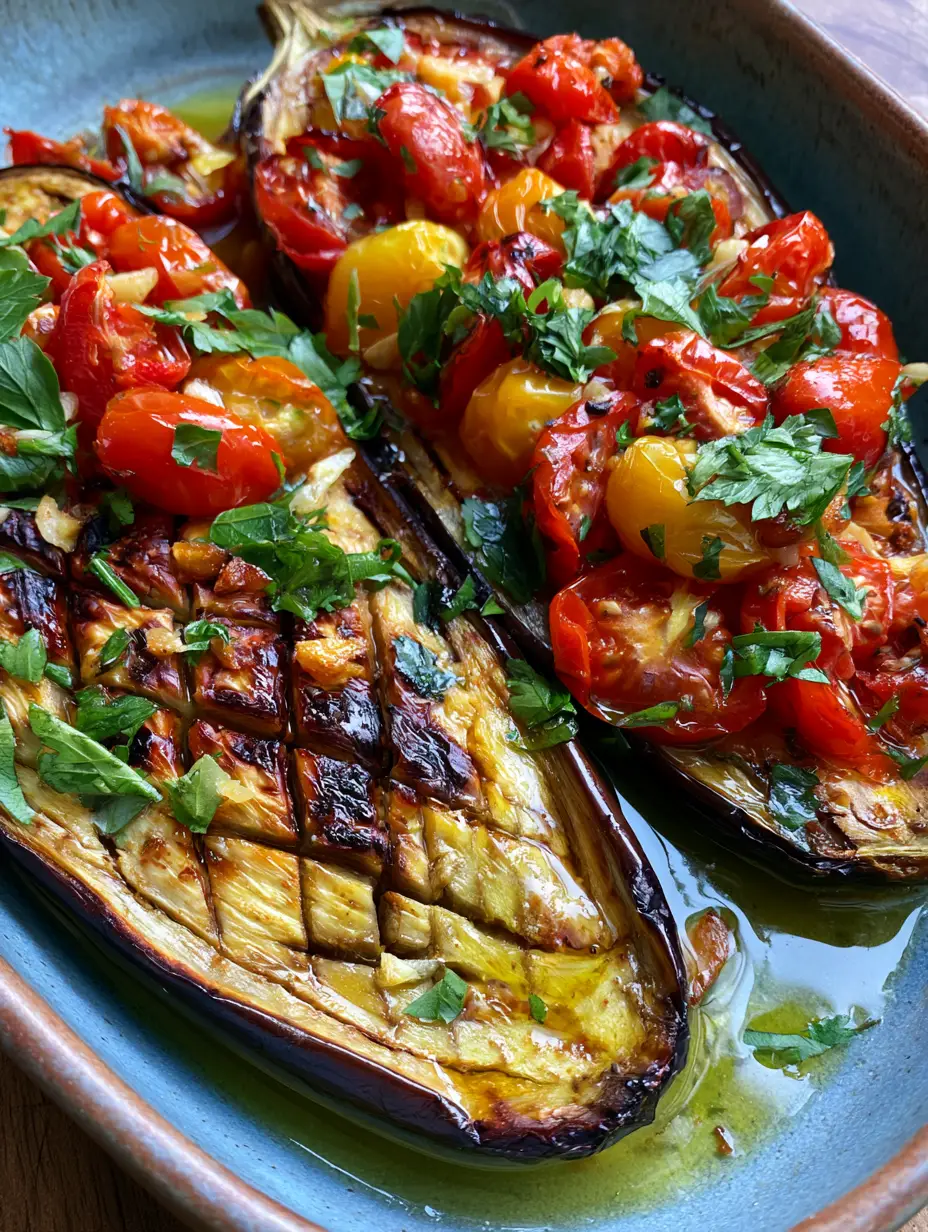 Mediterranean Roasted Eggplant with Blistered Tomatoes and Roasted Garlic