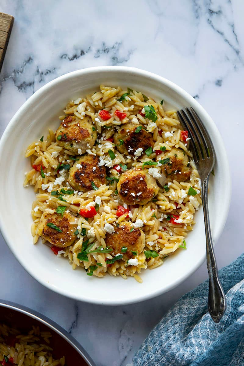 One-Pot Greek Meatballs and Orzo with Feta and Lemon
