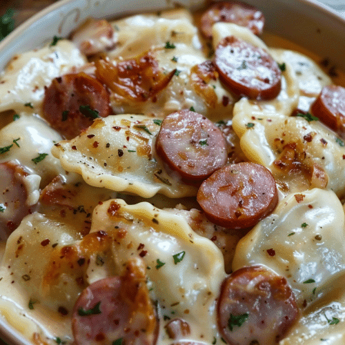 Crockpot Pierogi Casserole with Kielbasa and Creamy Cheddar