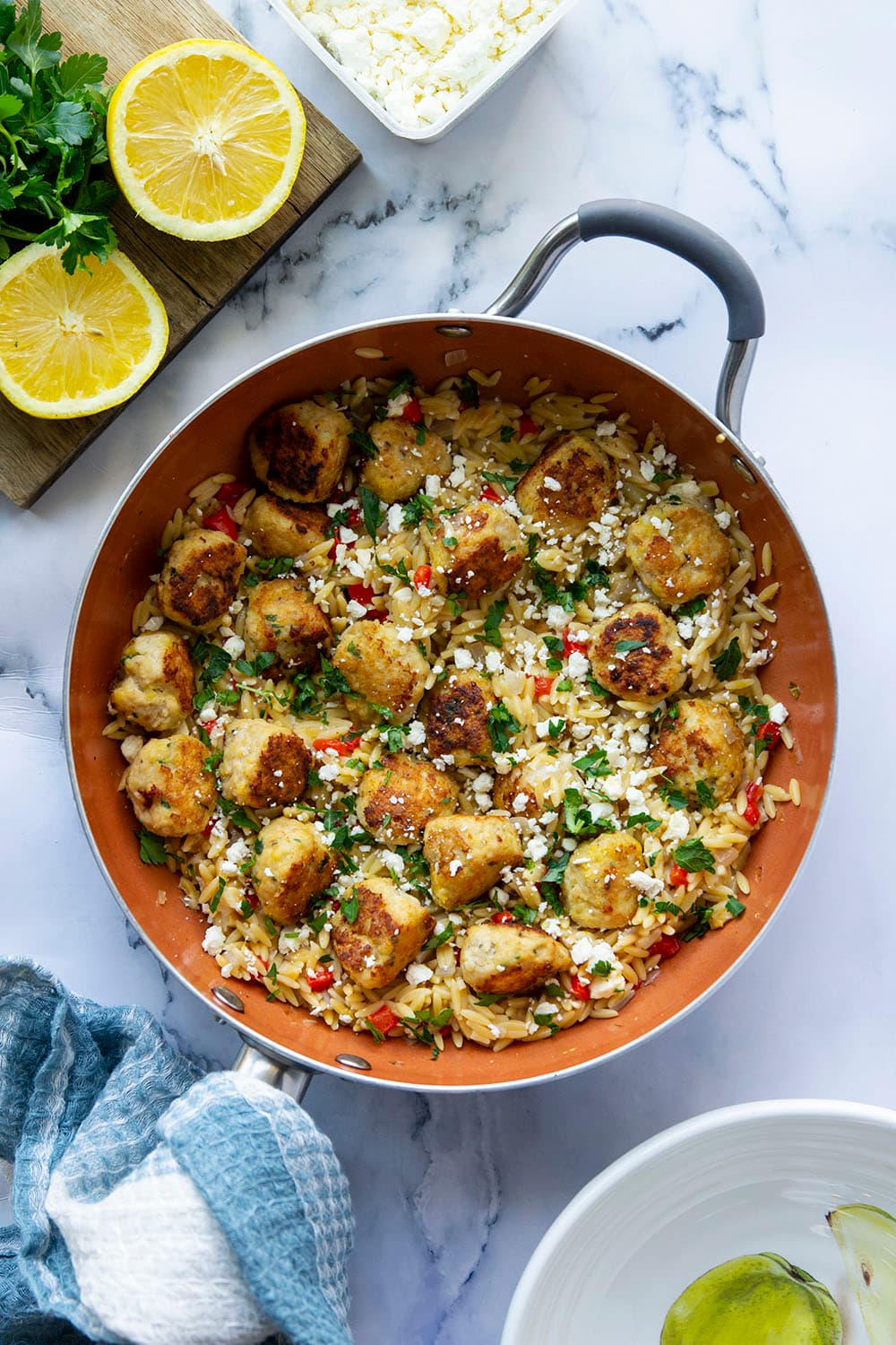 One-Pot Greek Meatballs and Orzo with Feta and Lemon