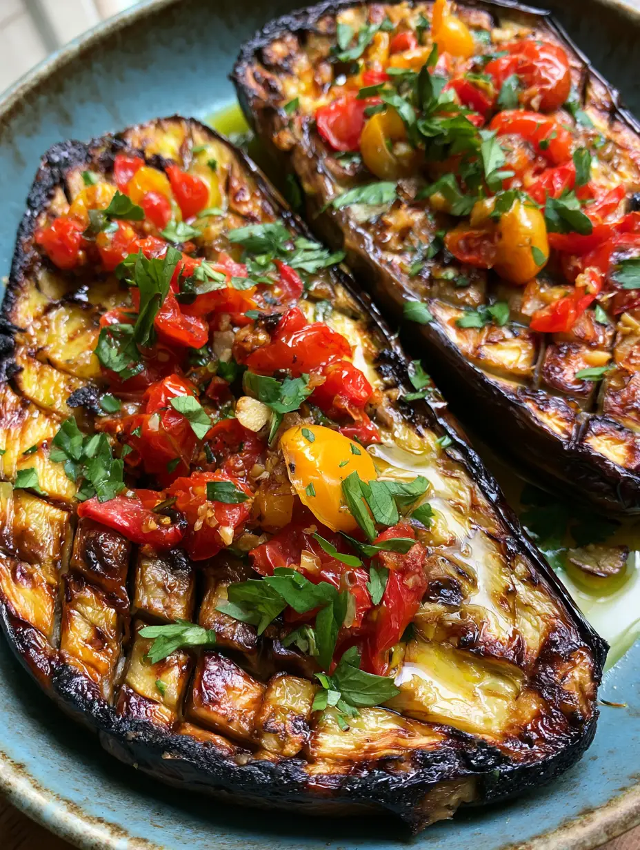 Mediterranean Roasted Eggplant with Blistered Tomatoes and Roasted Garlic