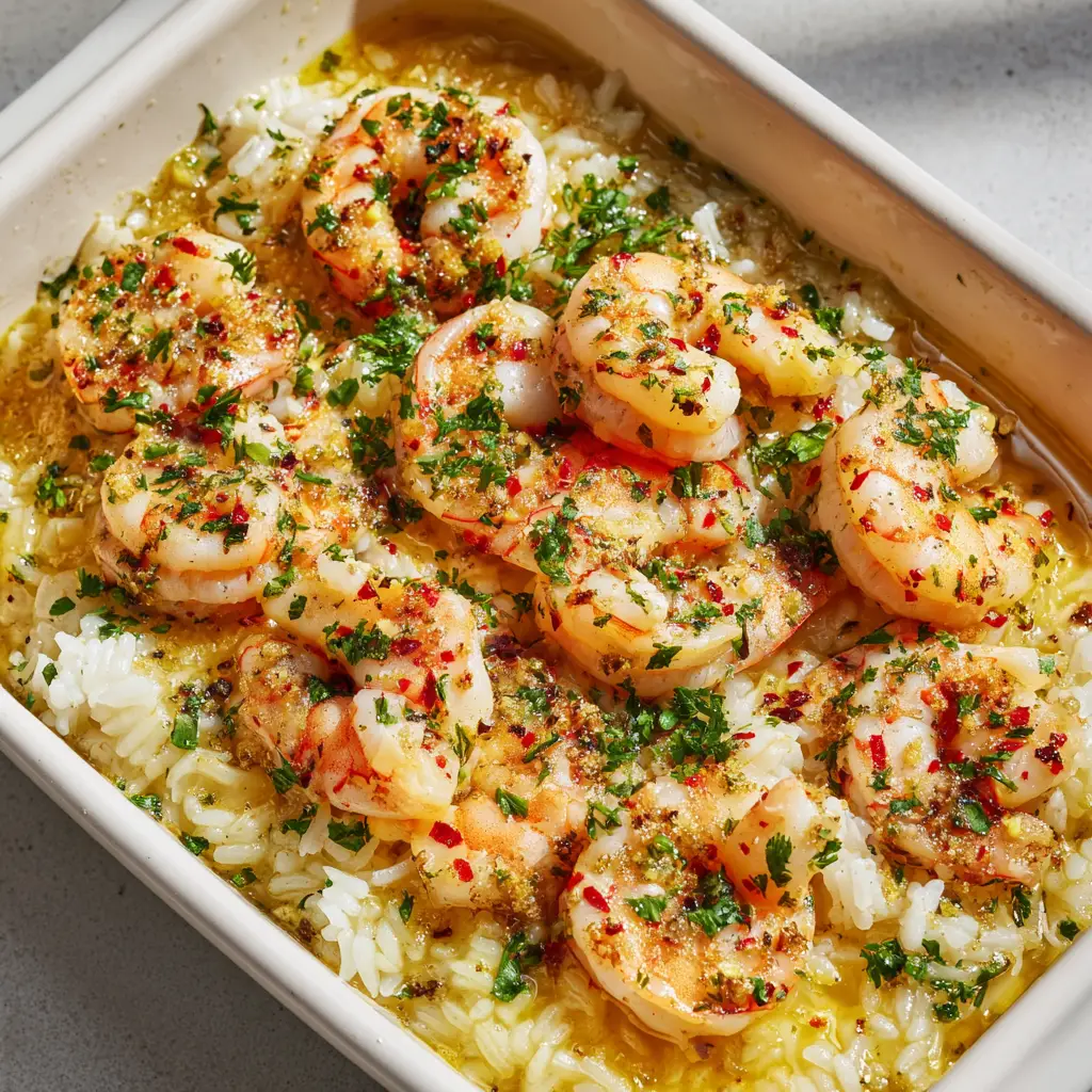 Garlic Butter Shrimp Rice Bake with Long-Grain Rice
