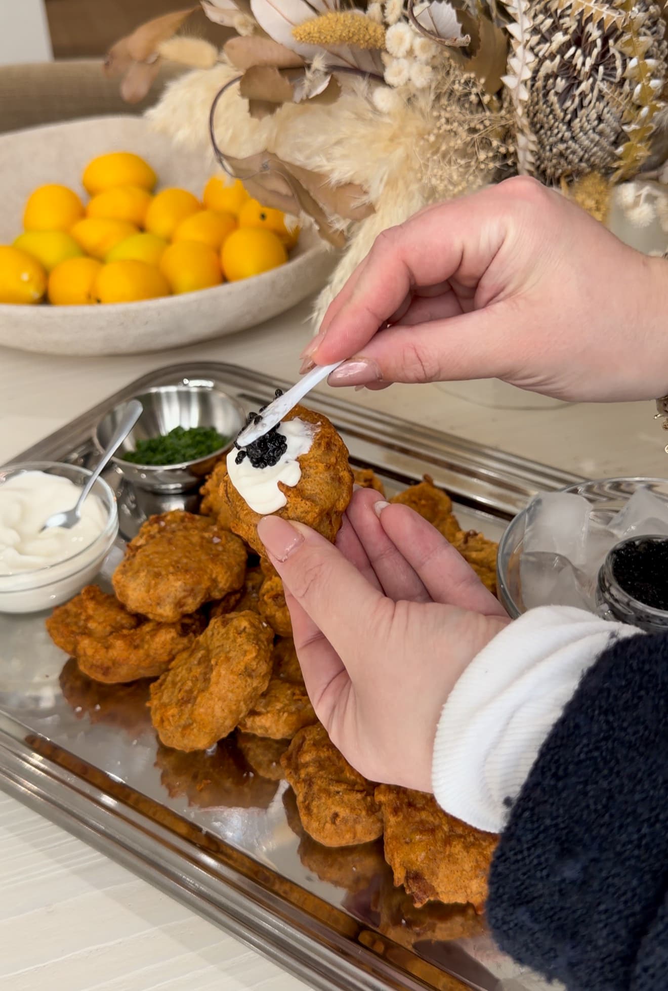 Crispy Chicken Nuggets with Crème Fraîche and Briny Caviar