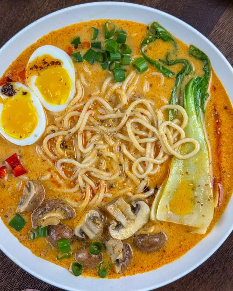 Creamy Peanut Coconut Ramen with Mushrooms and Pak Choi