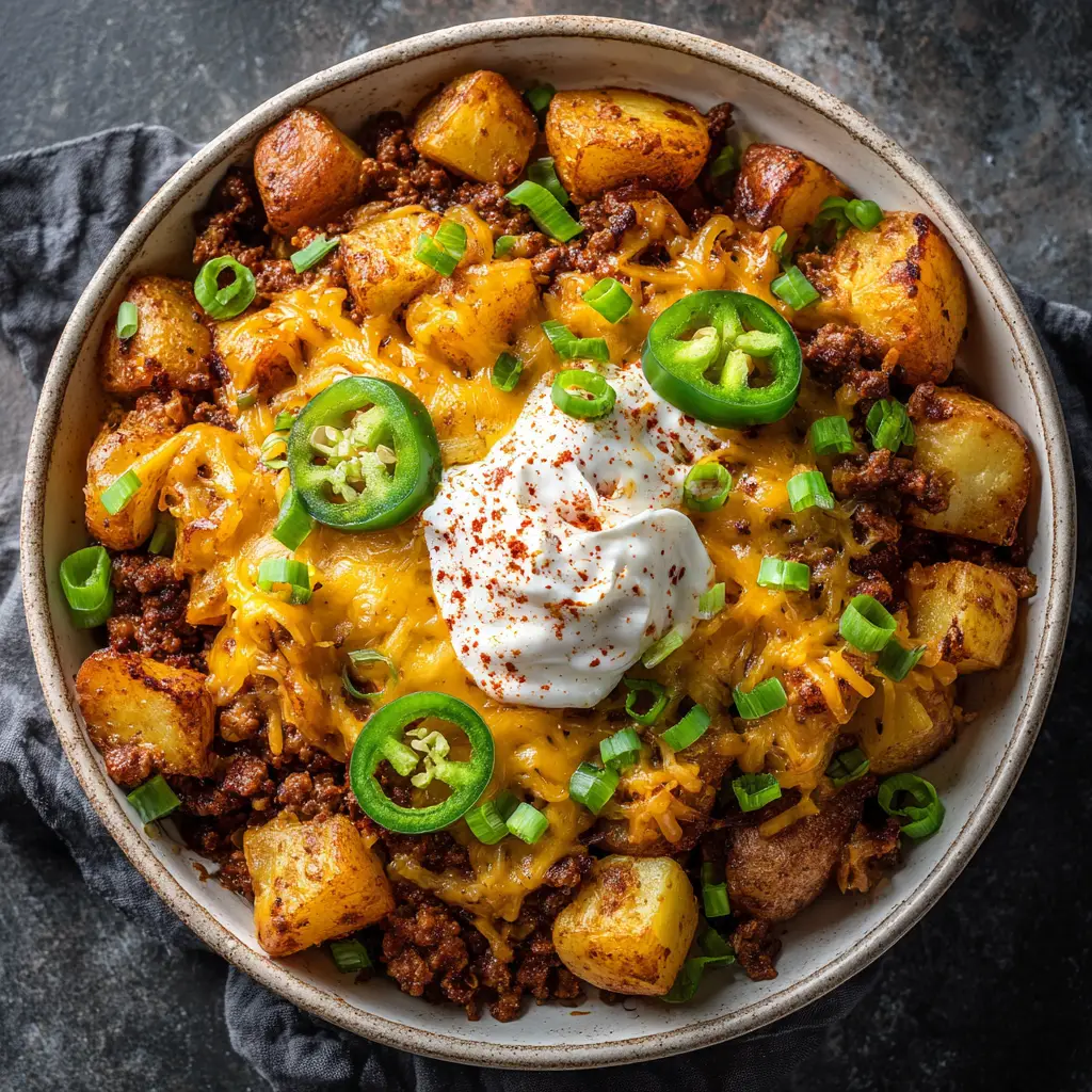 Chili Cheese Potato Skillet with Crispy Russets and Cheddar