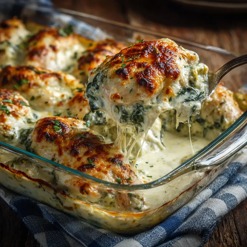 Spinach Artichoke Chicken Bake with Cream Cheese and Mozzarella
