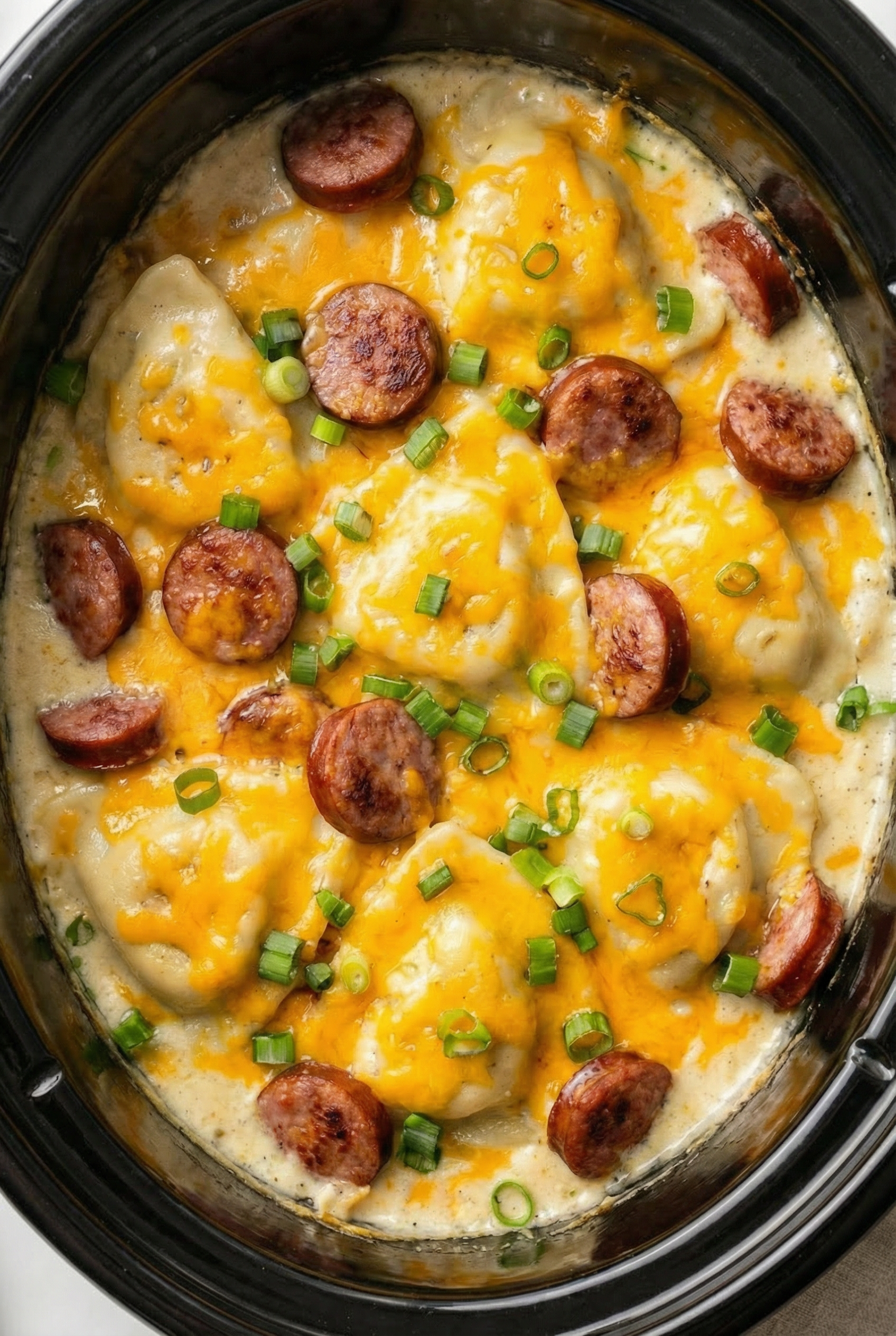 Crockpot Pierogi Casserole with Kielbasa and Creamy Cheddar