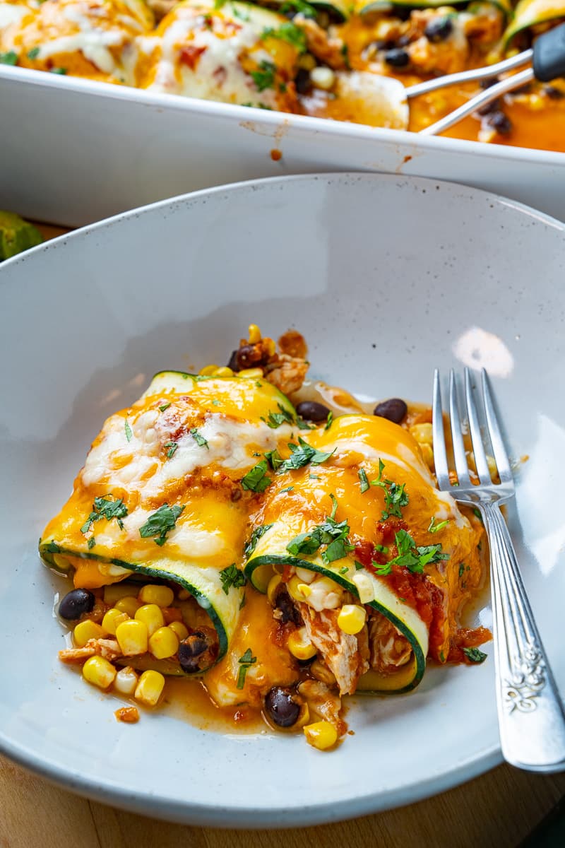 Zucchini Enchilada Roll Ups with Cheesy Chicken and Black Bean Filling