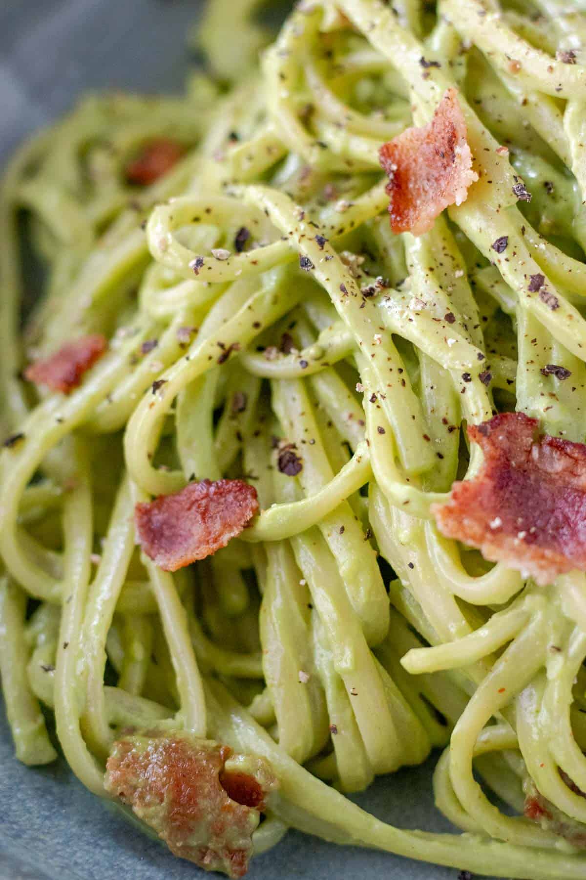 Avocado Carbonara with Creamy Kale Sauce, Bacon, and Parmesan