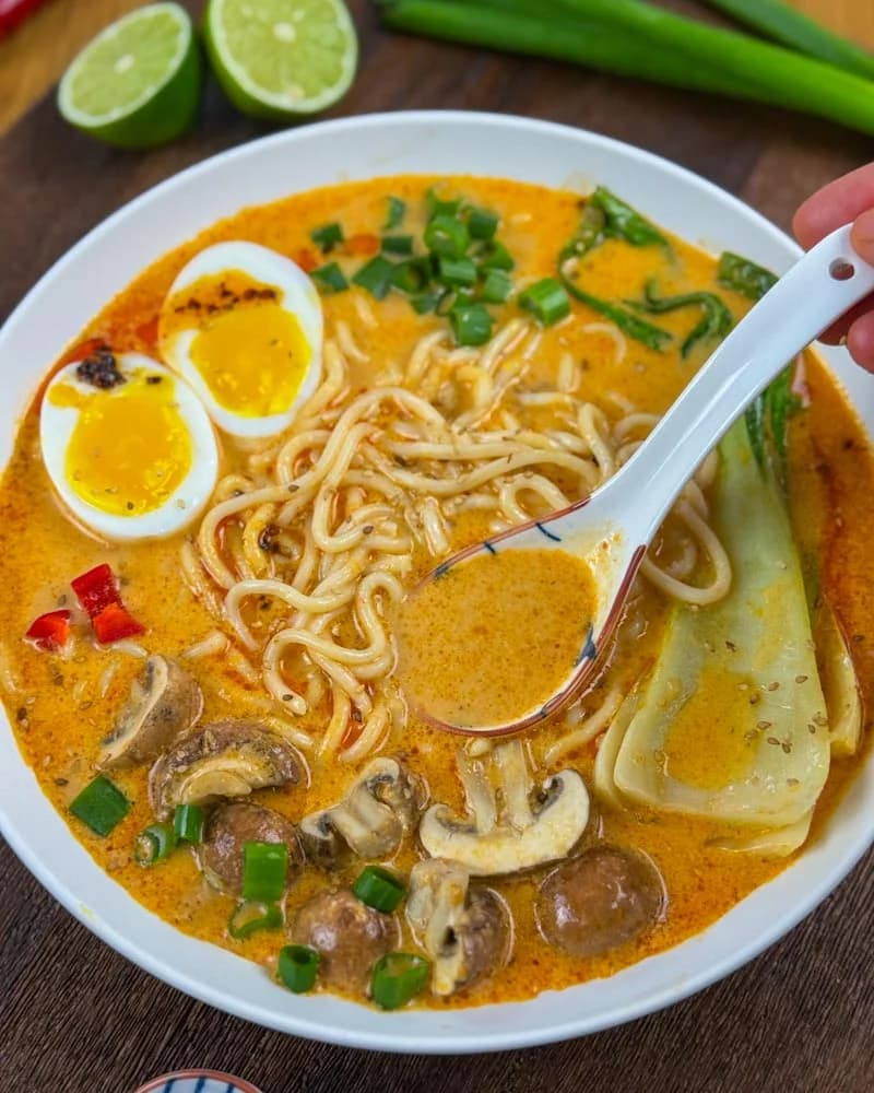 Creamy Peanut Coconut Ramen with Mushrooms and Pak Choi