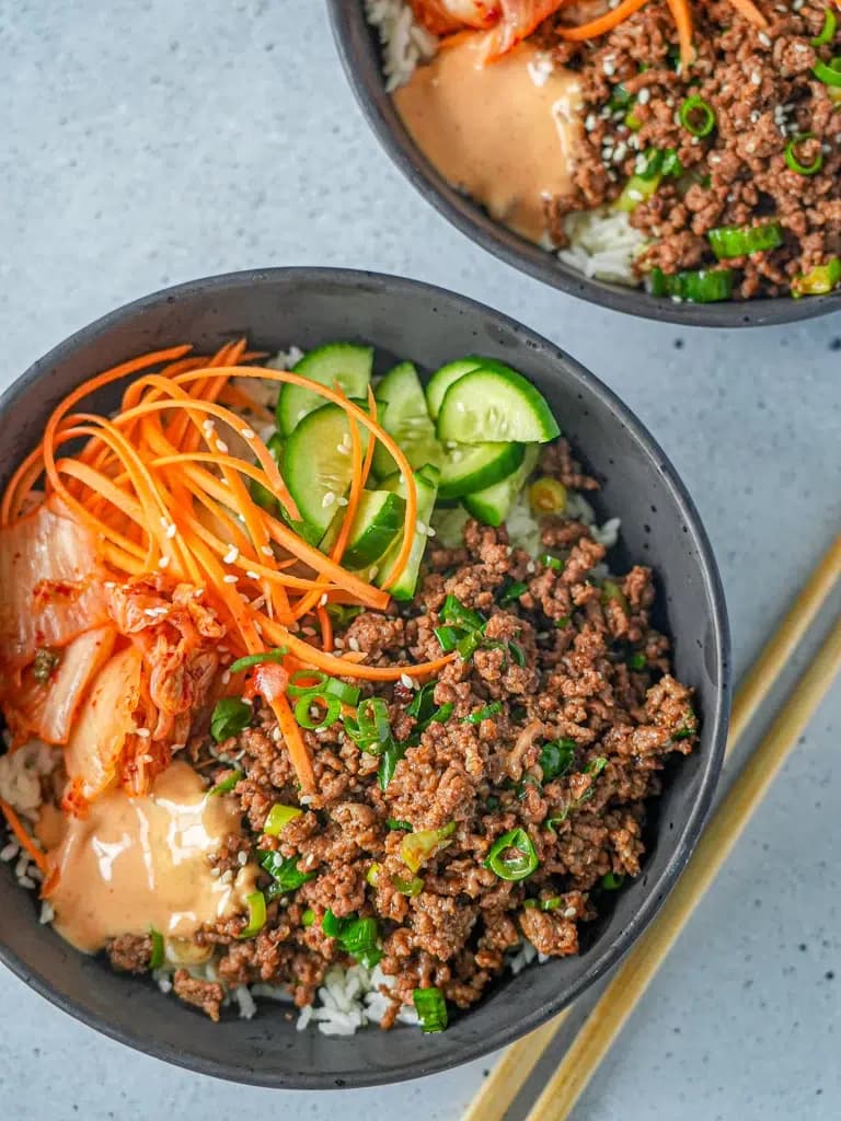 Korean Beef Rice Bowls With Creamy Gochujang Mayo and Kimchi