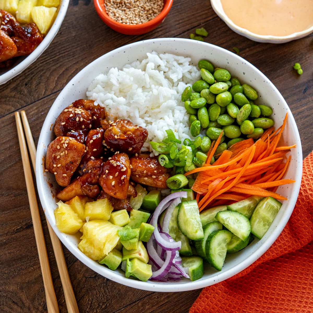 Hawaiian Chicken Poke Bowl with Sticky Chicken, Pineapple, and Spicy Mayo
