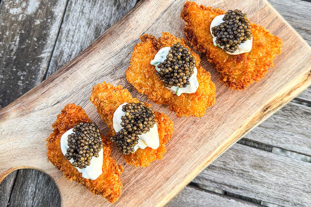 Chicken Katsu with Caviar: Crisp Panko and Cool Crème Fraîche