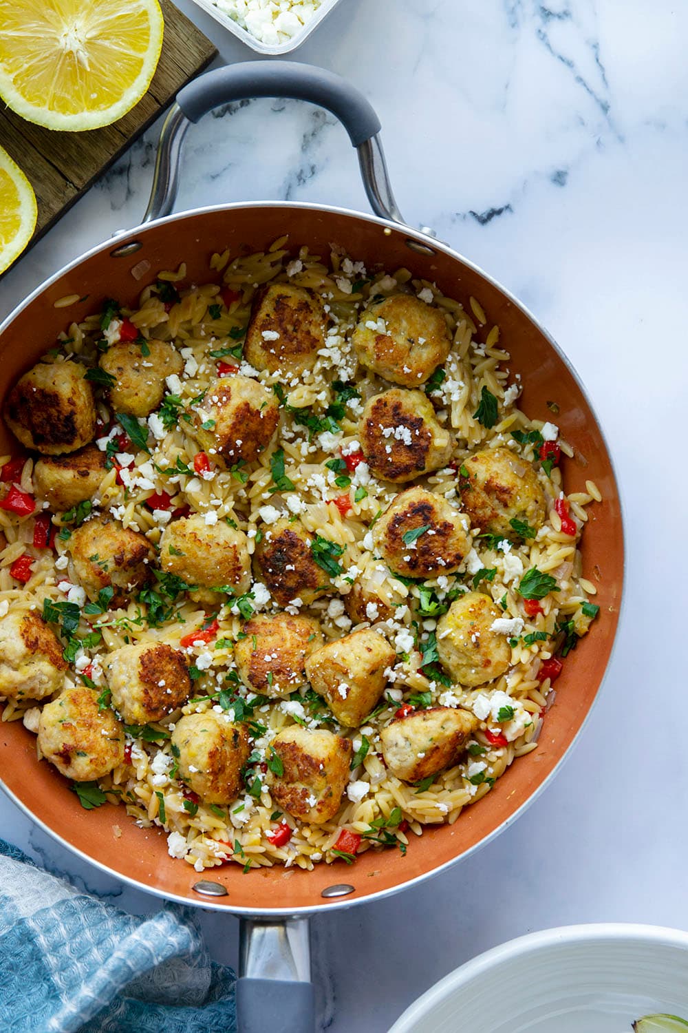 One-Pot Greek Meatballs and Orzo with Feta and Lemon