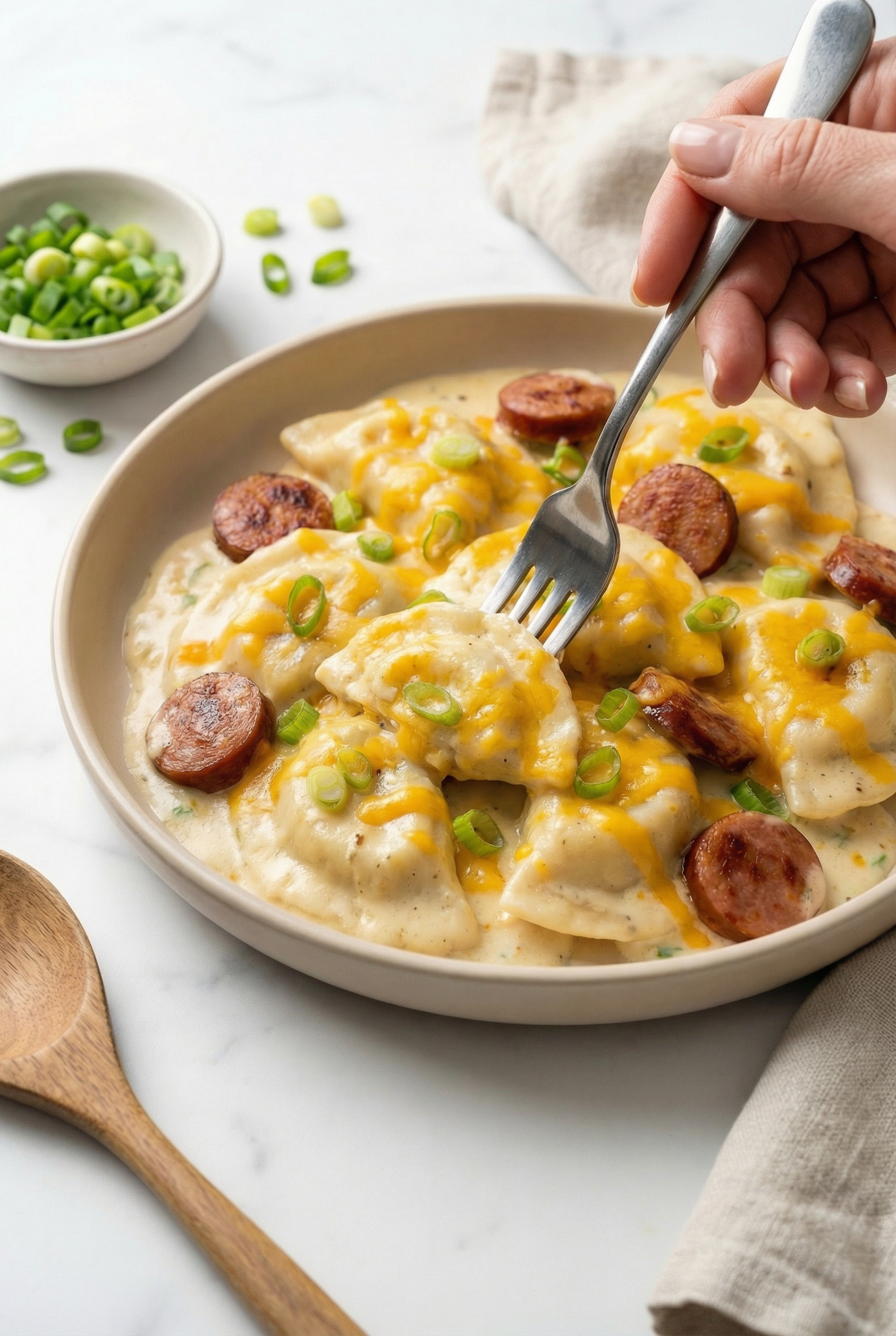 Crockpot Pierogi Casserole with Kielbasa and Creamy Cheddar